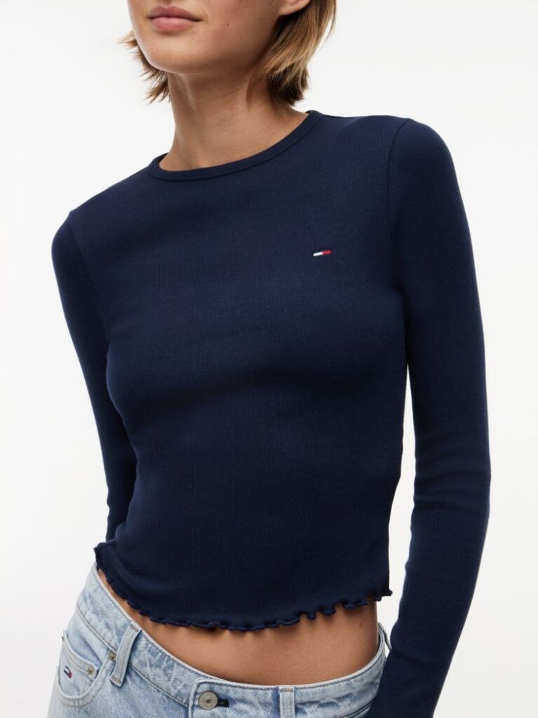 Blue Ribbed Ruffle Slim Long Sleeve T-Shirt  Women