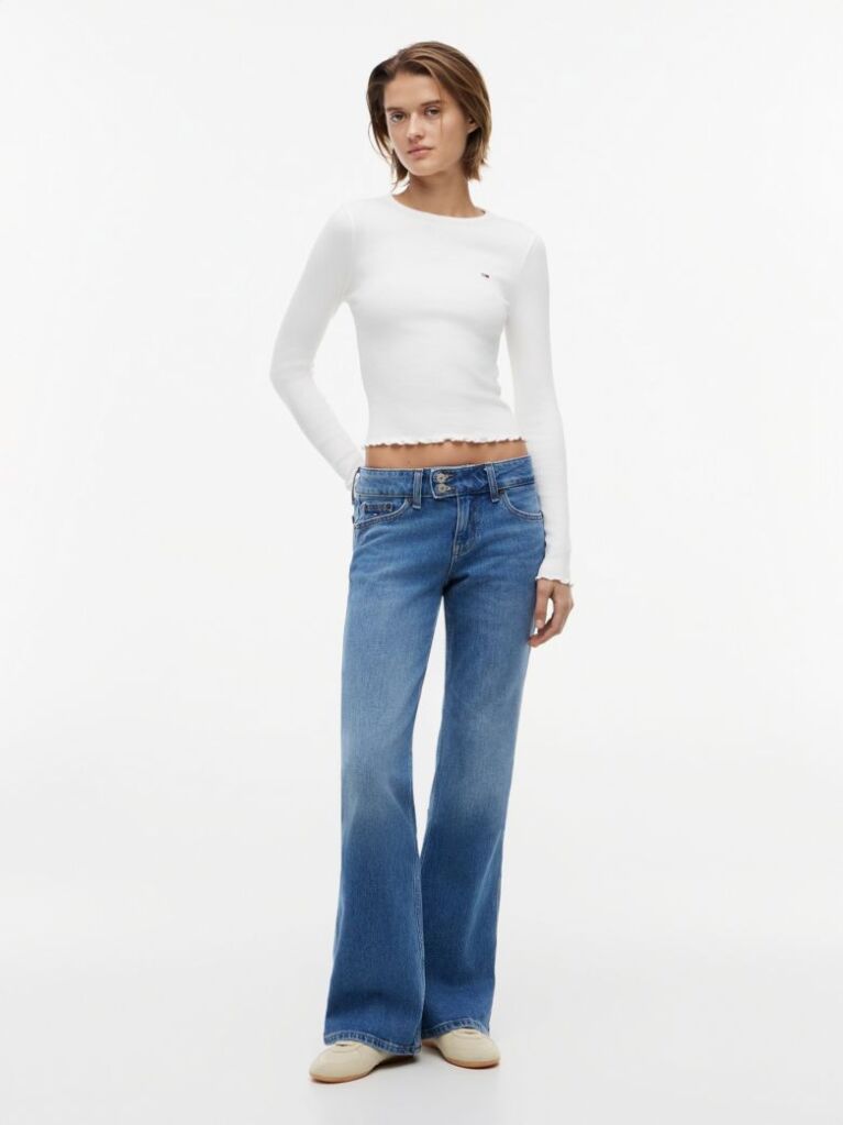 White Ribbed Ruffle Slim Long Sleeve T-Shirt  Women