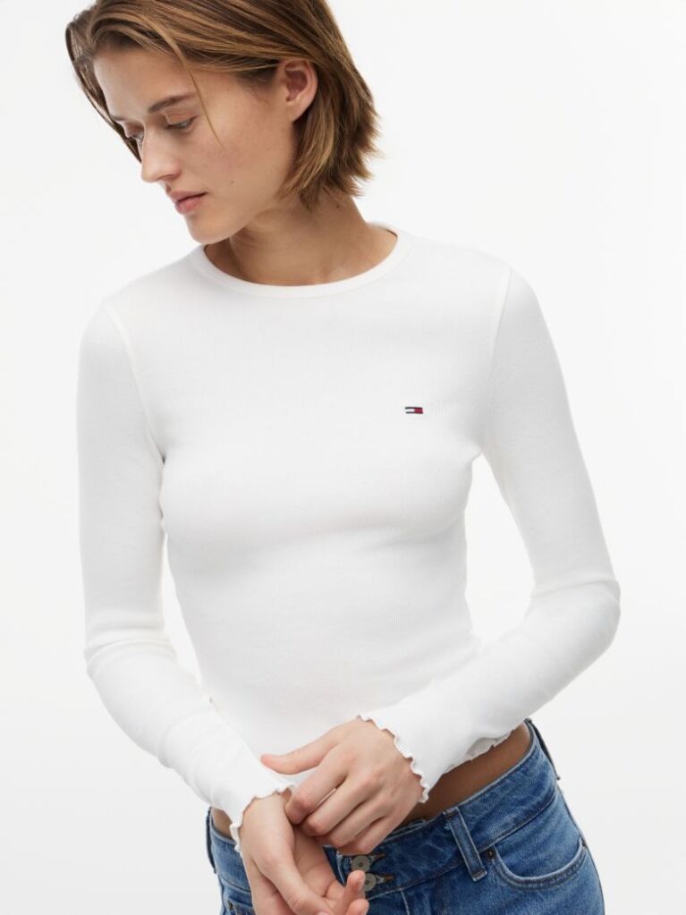 White Ribbed Ruffle Slim Long Sleeve T-Shirt  Women
