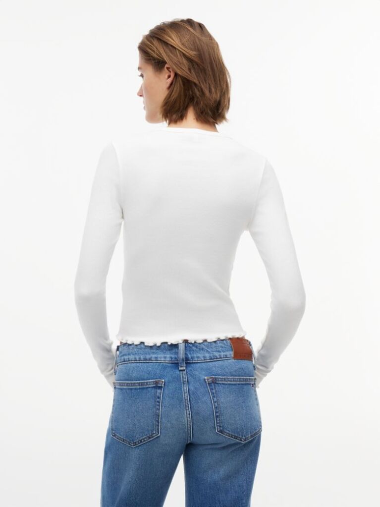 White Ribbed Ruffle Slim Long Sleeve T-Shirt  Women