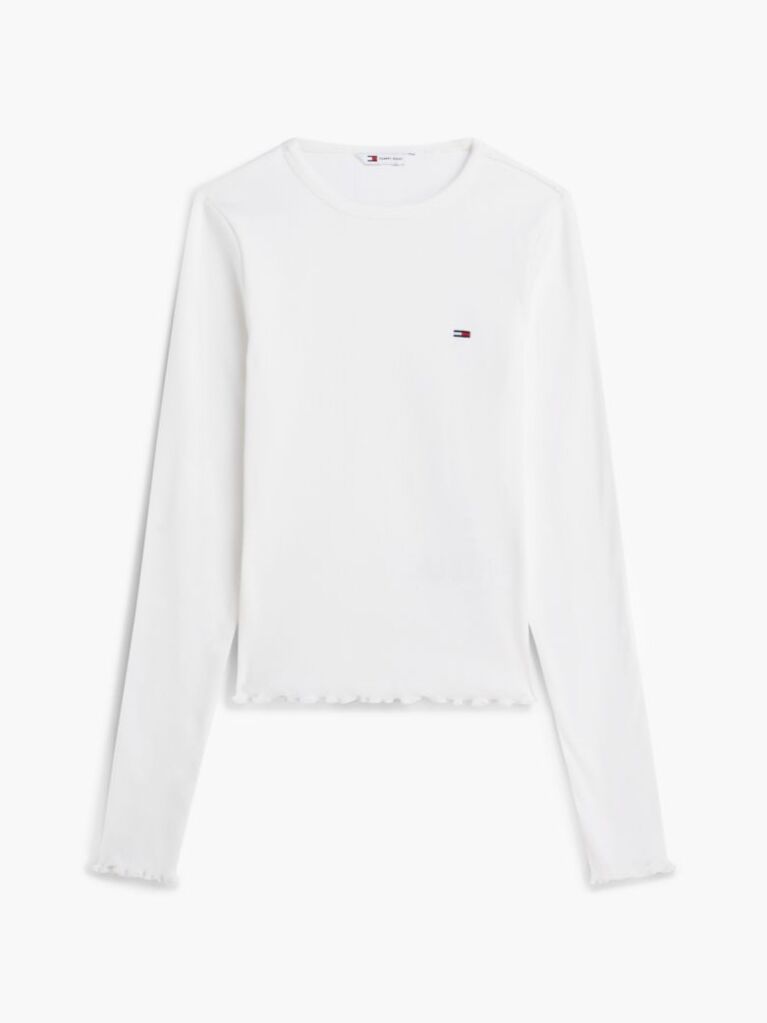 White Ribbed Ruffle Slim Long Sleeve T-Shirt  Women