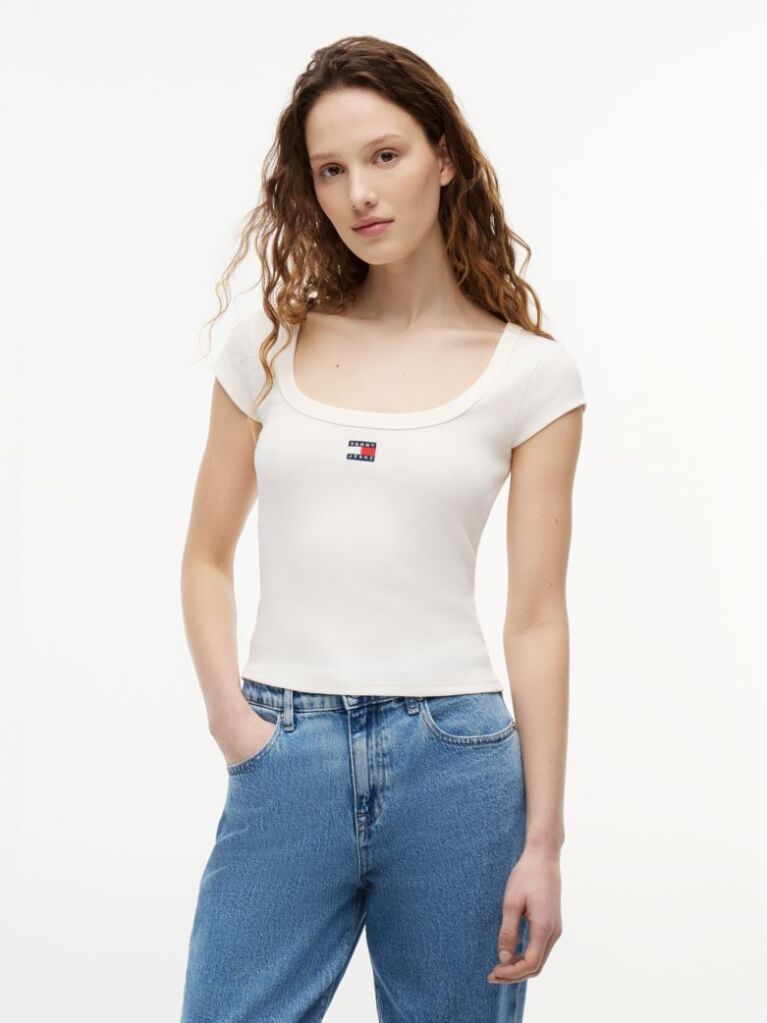 White Tommy Badge Scoop Neck Slim T-Shirt  Women