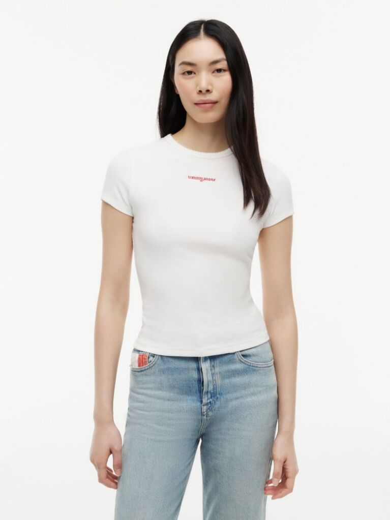 Άσπρο T-Shirt Ribbed Με Λογότυπο Σε Στενή Γραμμή  Γυναίκες