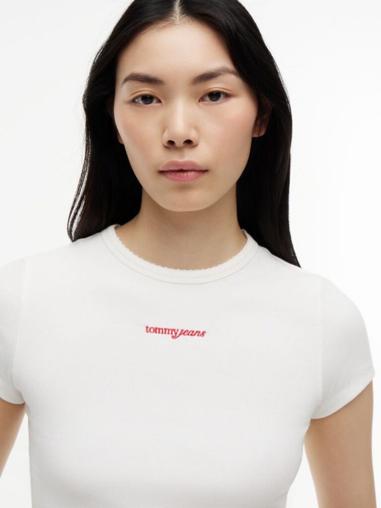Άσπρο T-Shirt Ribbed Με Λογότυπο Σε Στενή Γραμμή  Γυναίκες