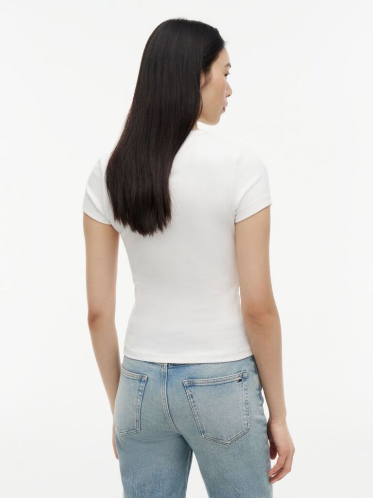 Άσπρο T-Shirt Ribbed Με Λογότυπο Σε Στενή Γραμμή  Γυναίκες