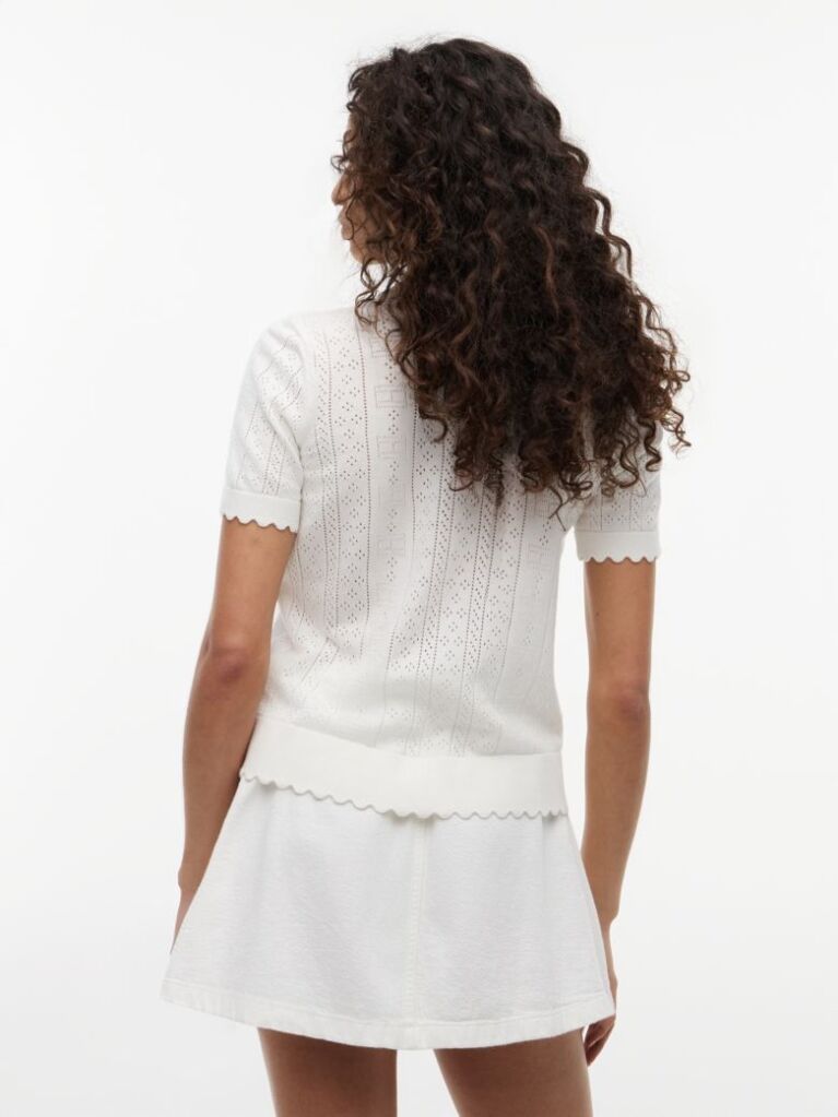 White Pointelle Flag Short Sleeve Polo Jumper  Women