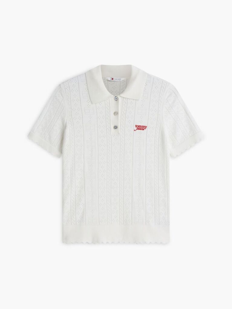 White Pointelle Flag Short Sleeve Polo Jumper  Women