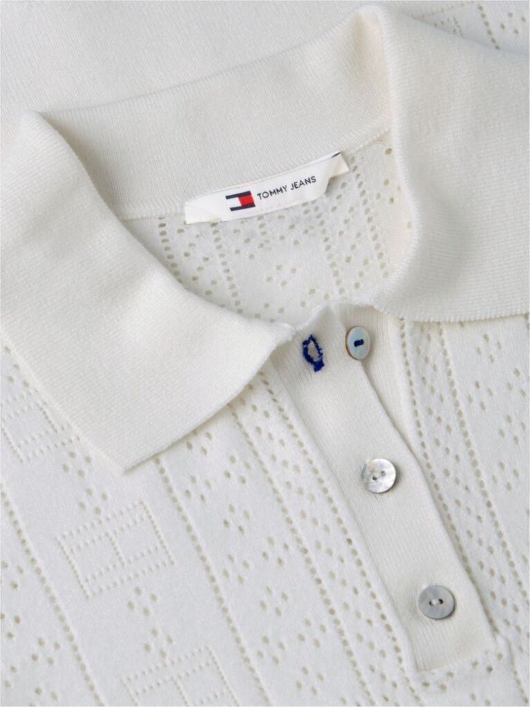White Pointelle Flag Short Sleeve Polo Jumper  Women