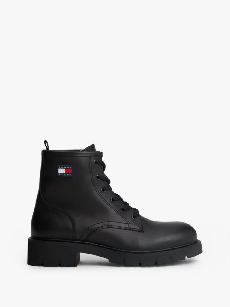 Black Leather Cleat Lace-Up Ankle Boots  Women