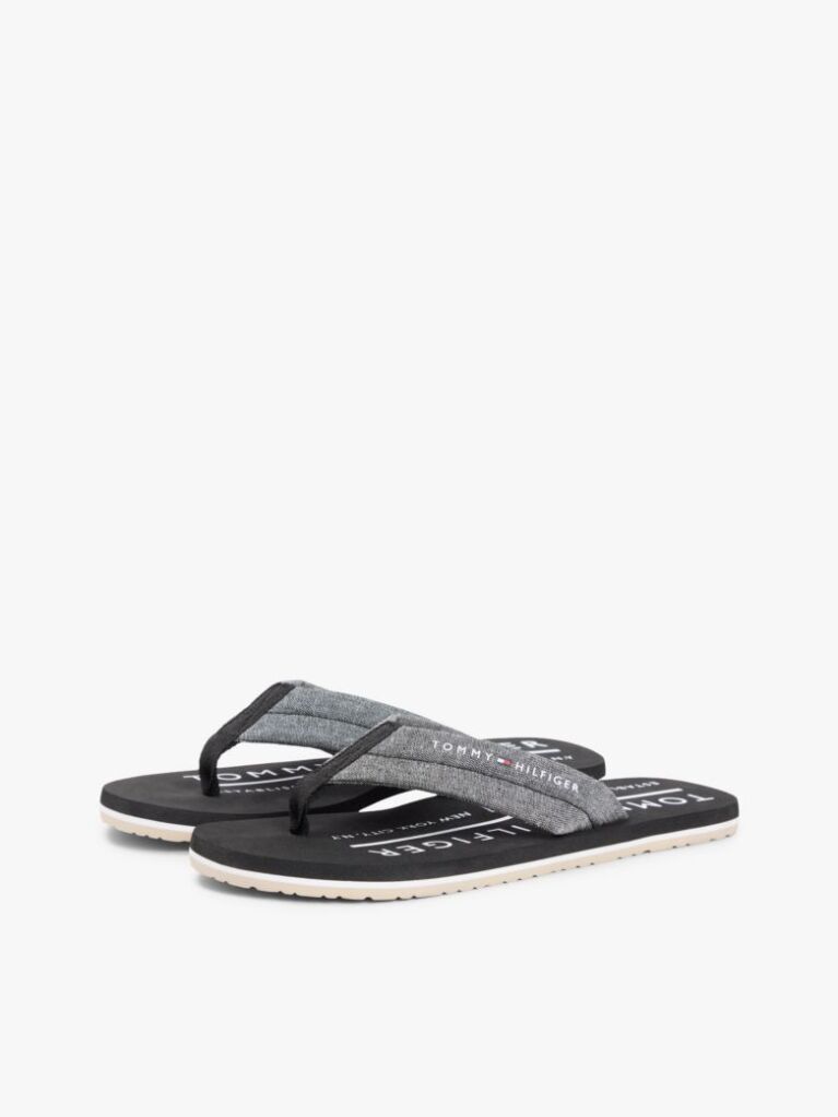 Black Pure Linen Chambray Jacquard Flip-Flops  Men