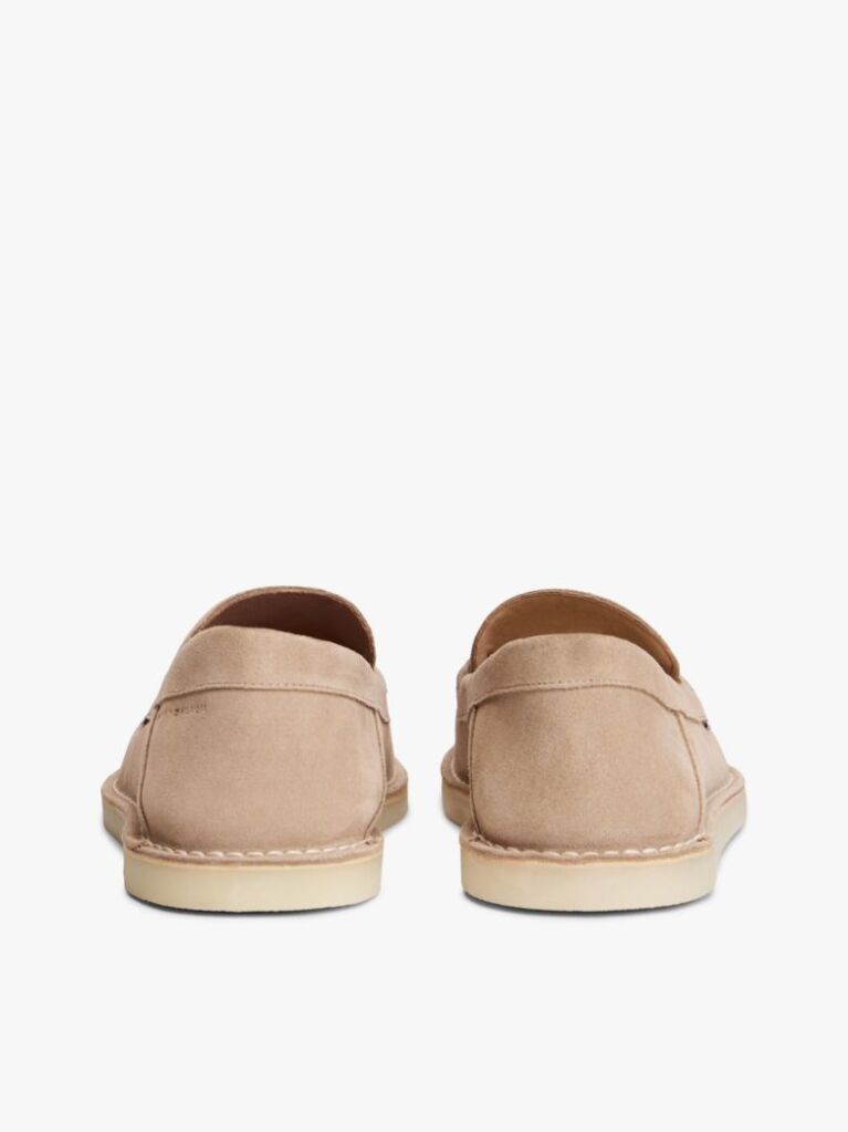 Beige Debossed Logo Topstitch Suede Loafers  Men