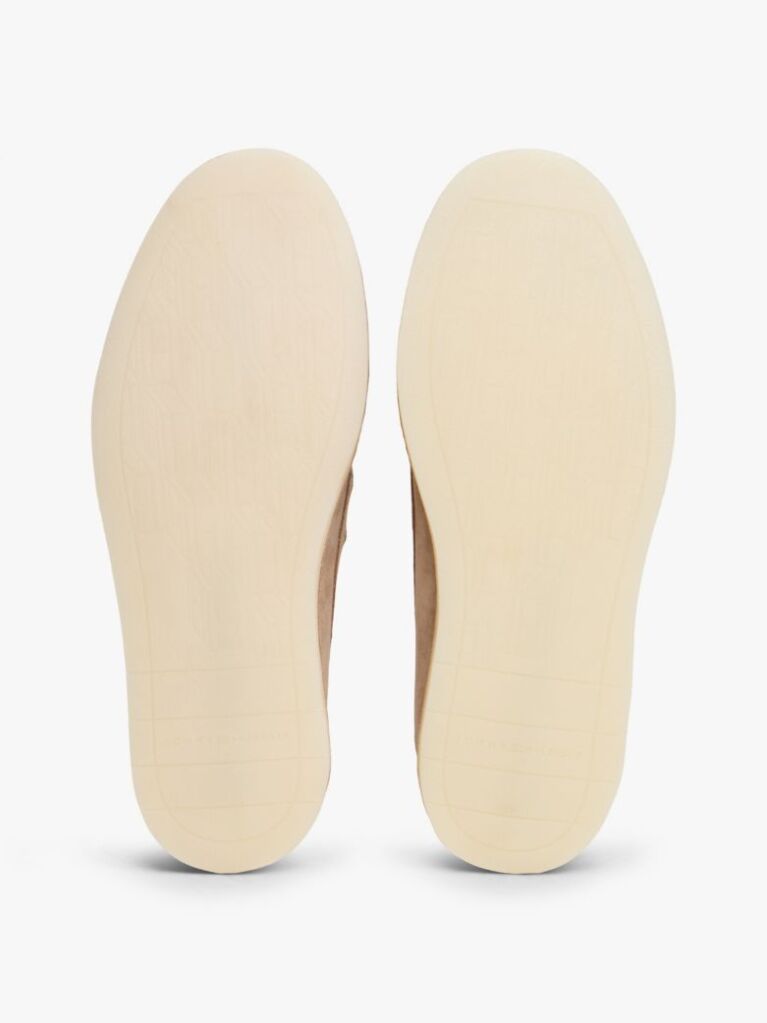 Beige Debossed Logo Topstitch Suede Loafers  Men