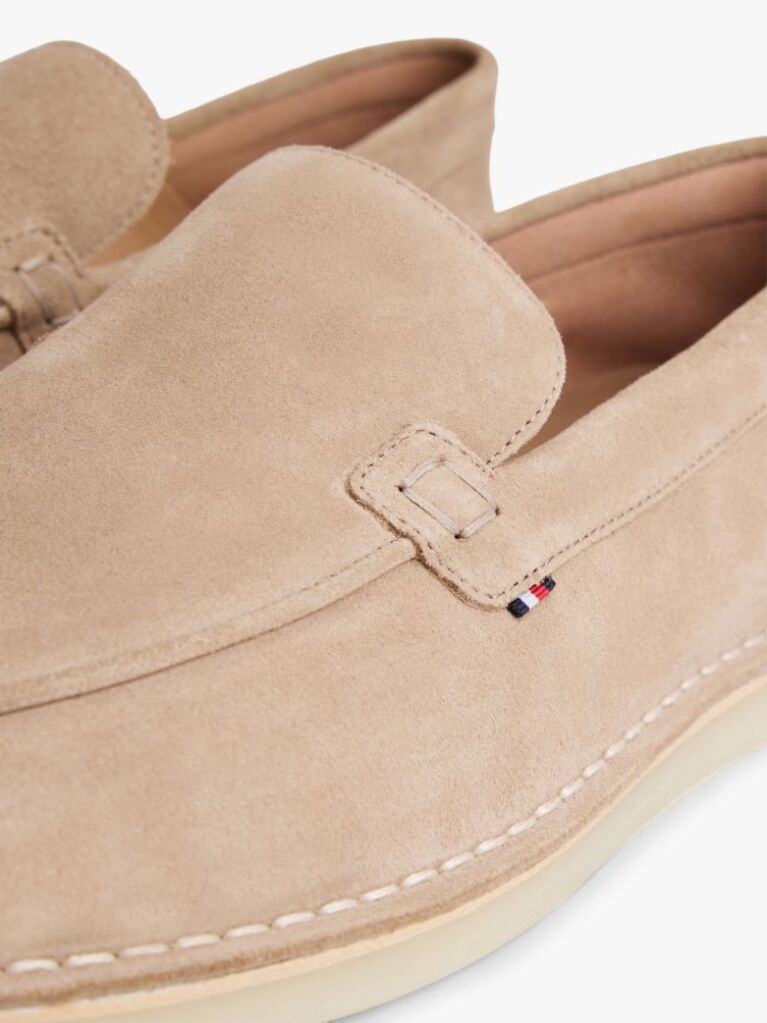 Beige Debossed Logo Topstitch Suede Loafers  Men