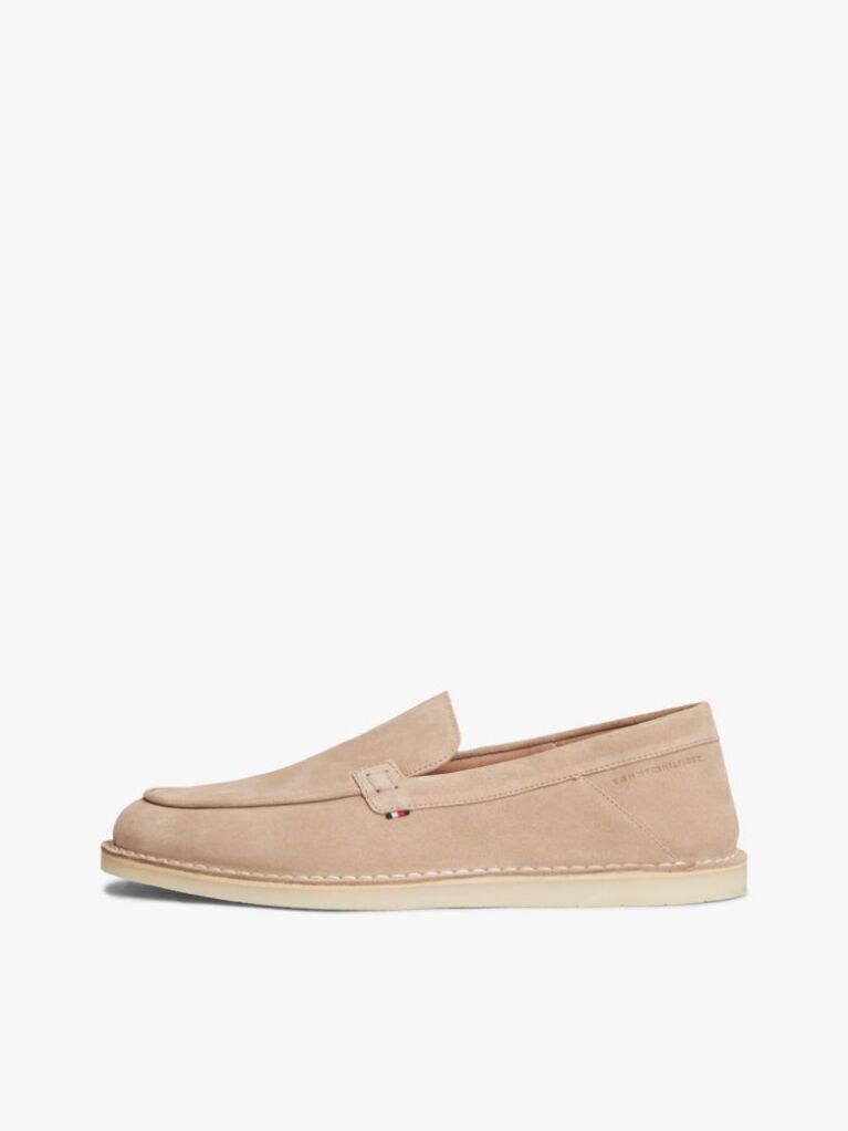 Beige Debossed Logo Topstitch Suede Loafers  Men