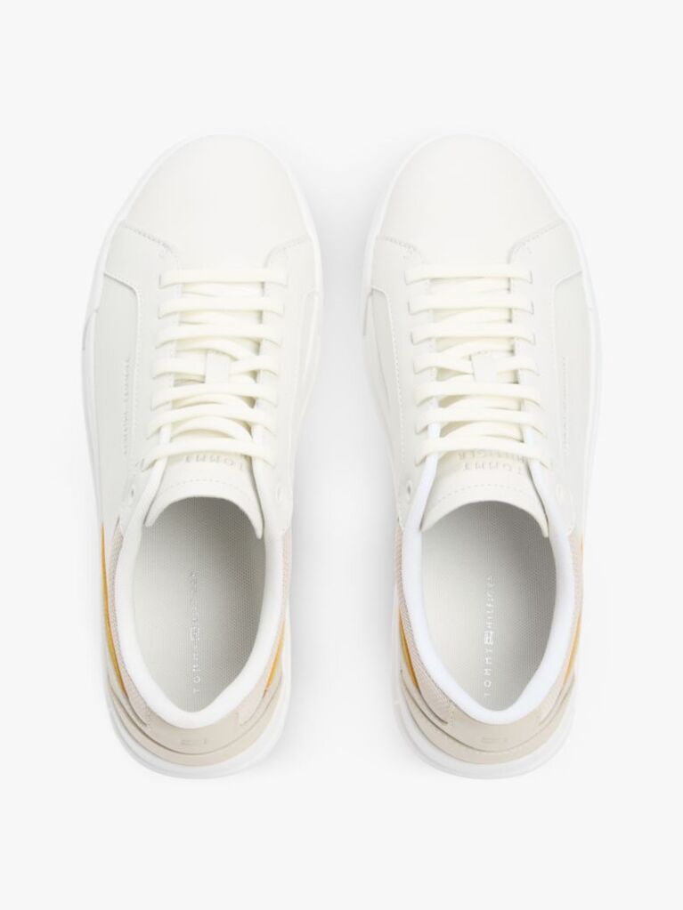 White Contrast Panel Leather Court Trainers  Men
