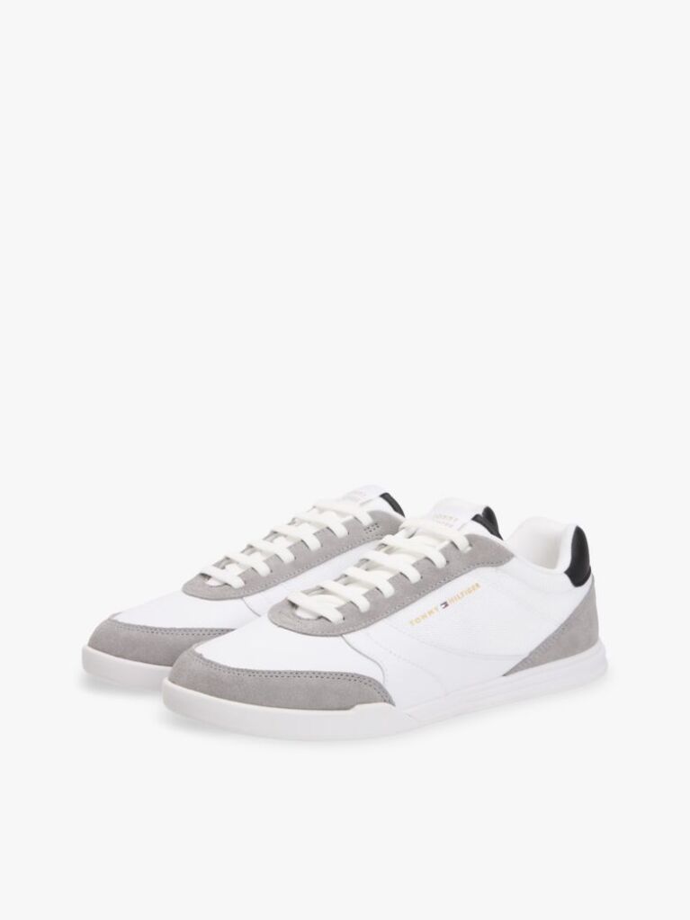White Mixed Texture Cupsole Trainers With Leather  Men