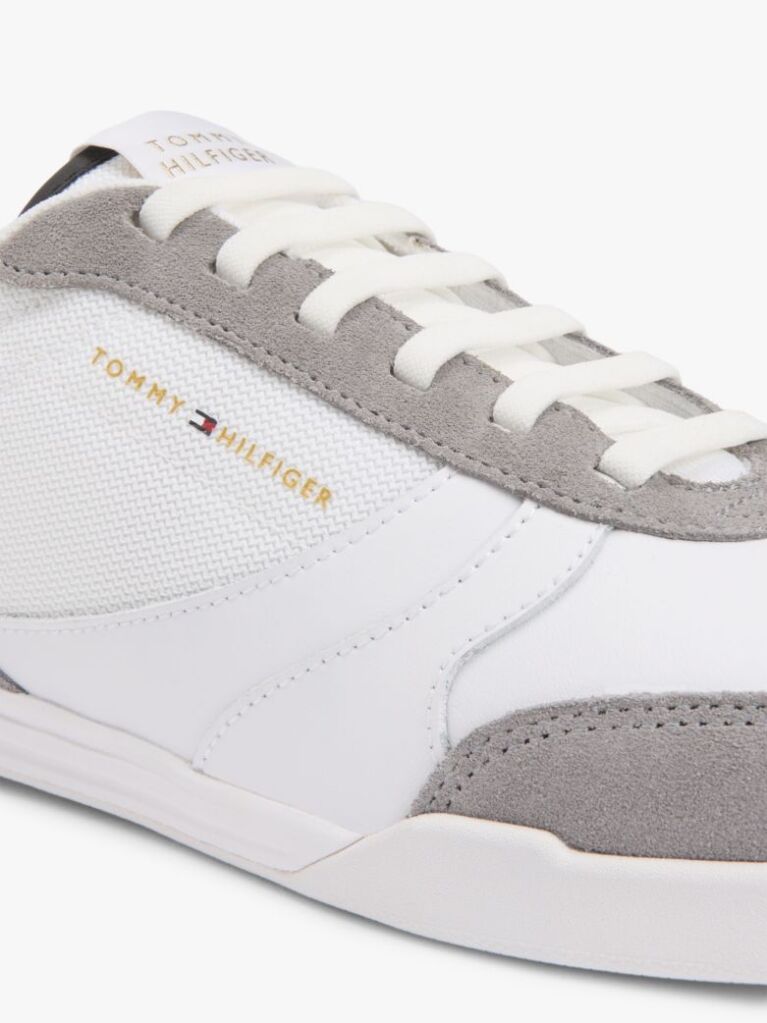 White Mixed Texture Cupsole Trainers With Leather  Men