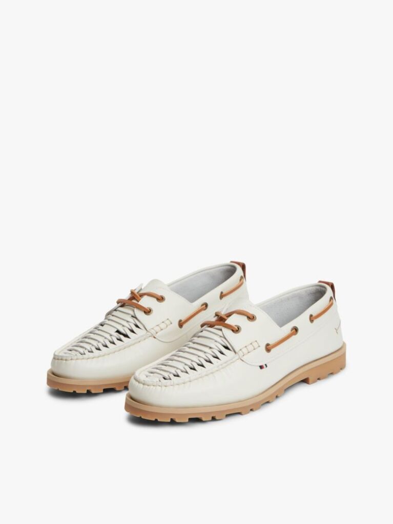 White Leather Braided Boat Shoes  Men
