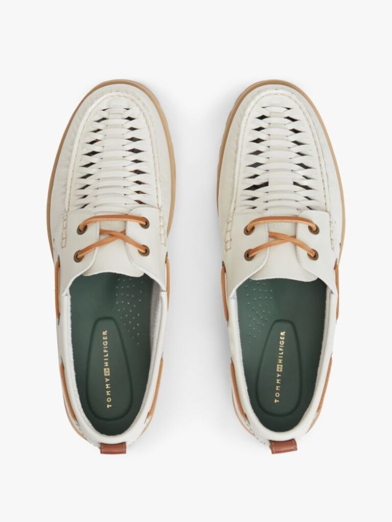White Leather Braided Boat Shoes  Men