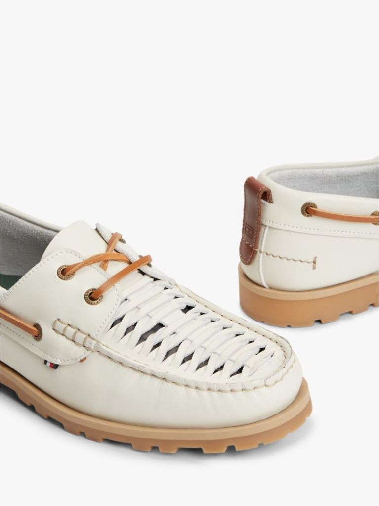 White Leather Braided Boat Shoes  Men