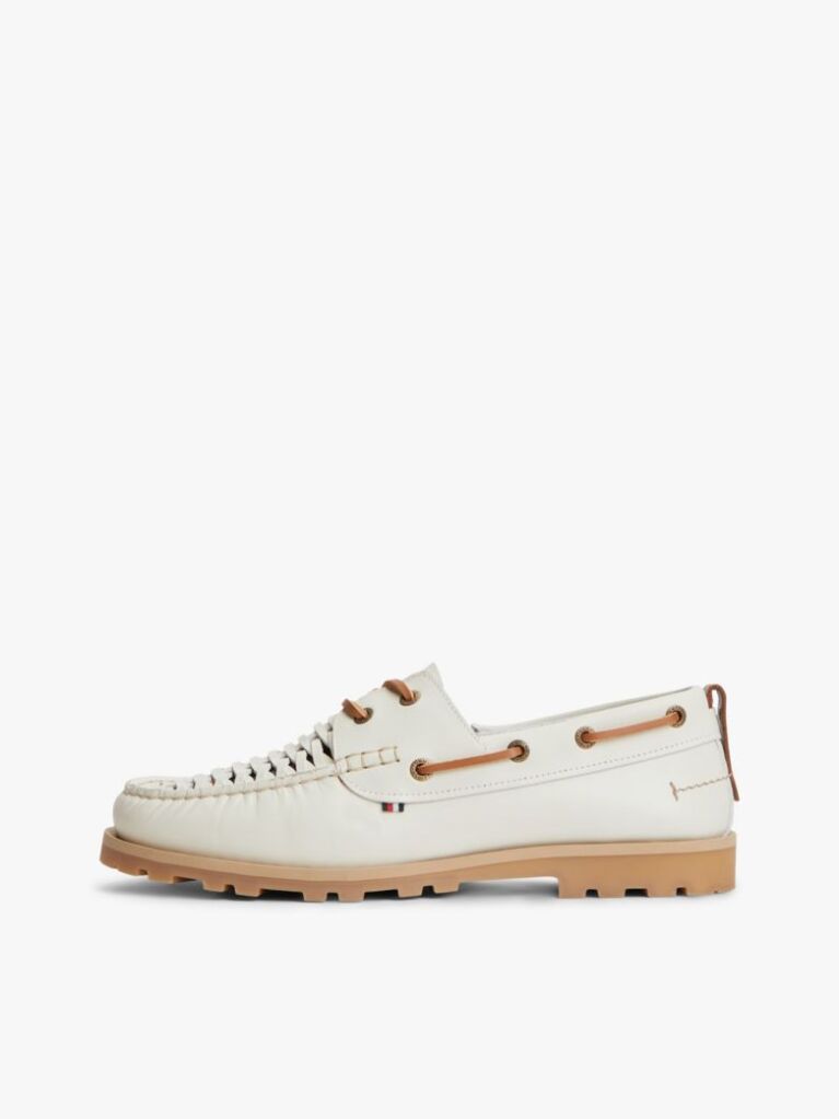 White Leather Braided Boat Shoes  Men