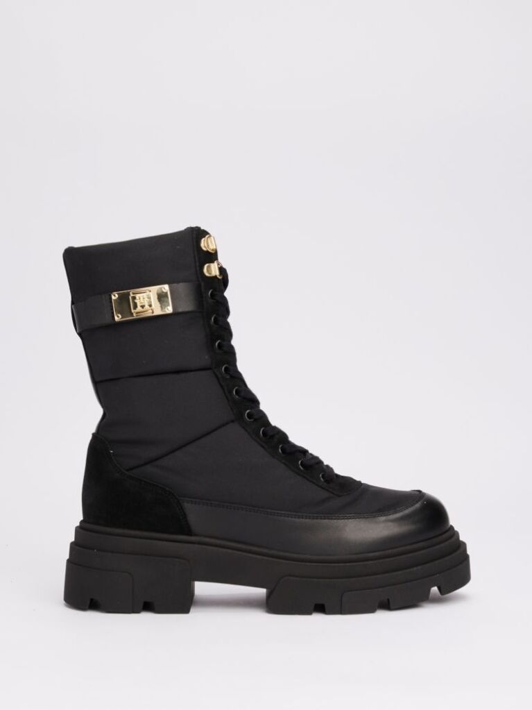 Black Leather Mixed Texture Cleat Biker Boots  Women