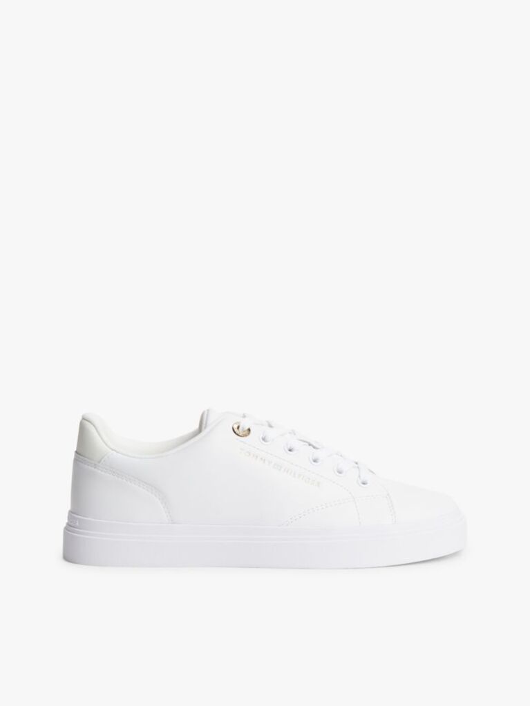 White Leather Metallic Logo Cupsole Trainers  Women