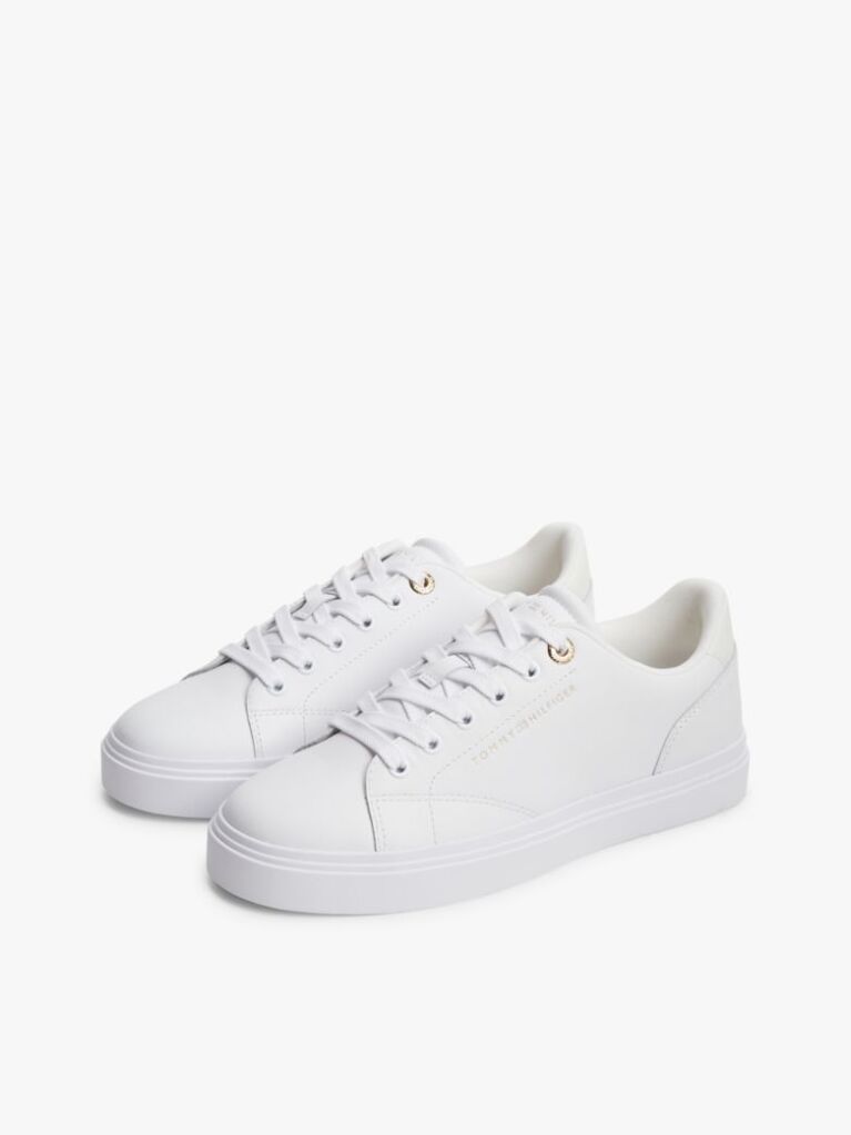 White Leather Metallic Logo Cupsole Trainers  Women