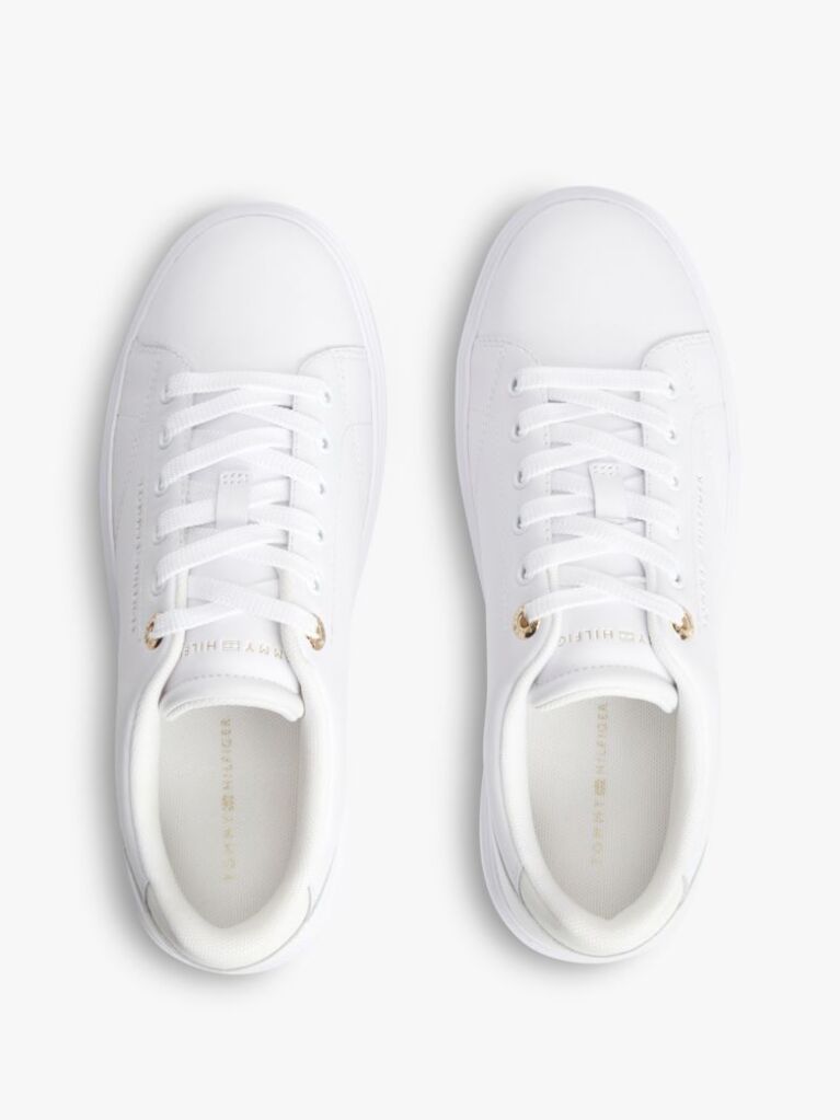 White Leather Metallic Logo Cupsole Trainers  Women