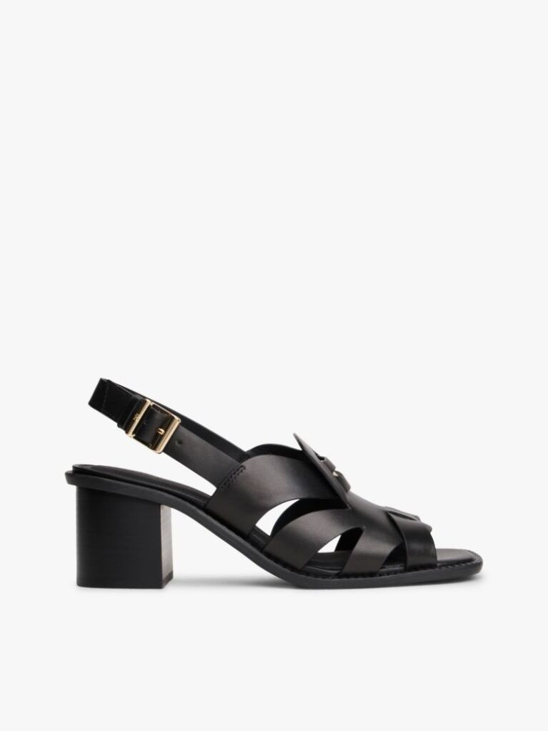 Black Leather Crest Block Heel Sandals  Women