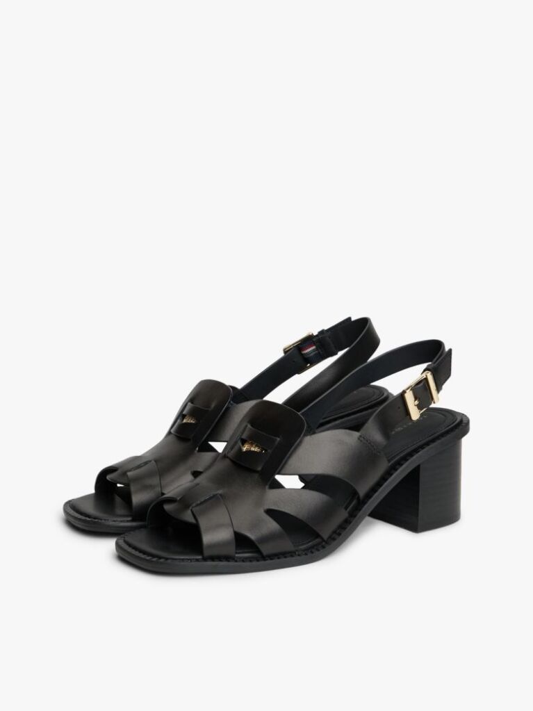 Black Leather Crest Block Heel Sandals  Women