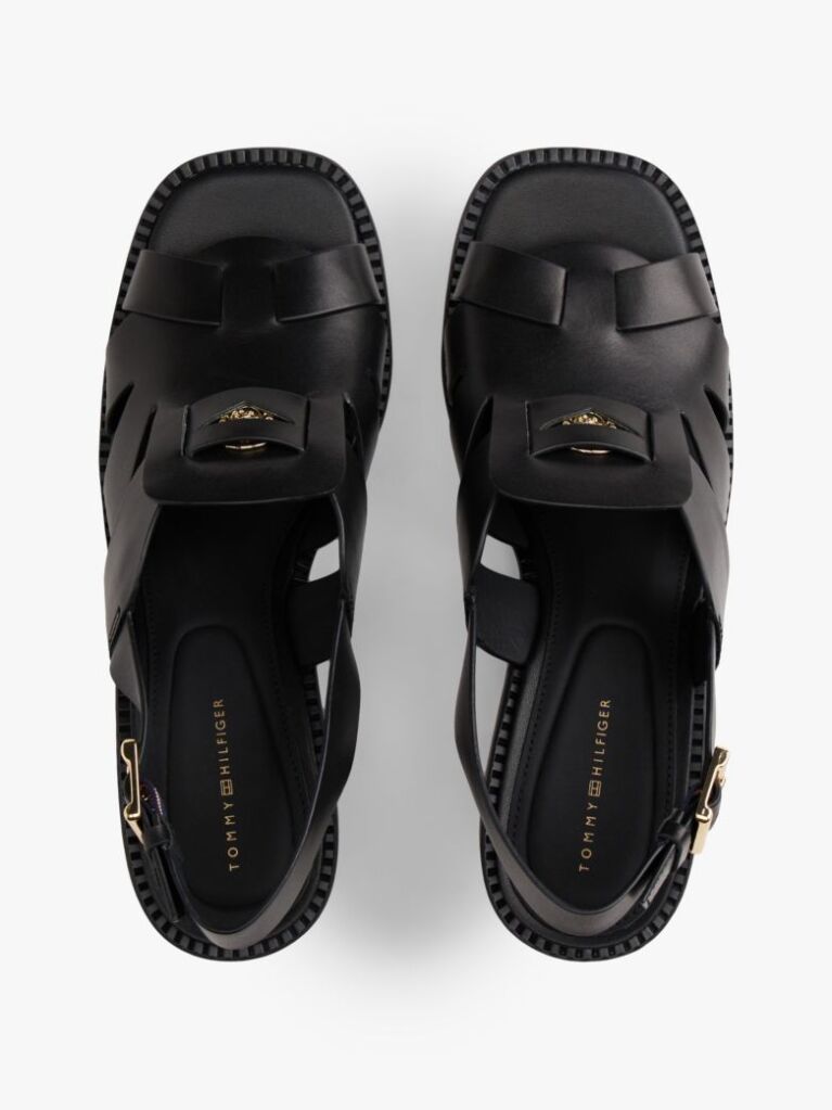Black Leather Crest Block Heel Sandals  Women