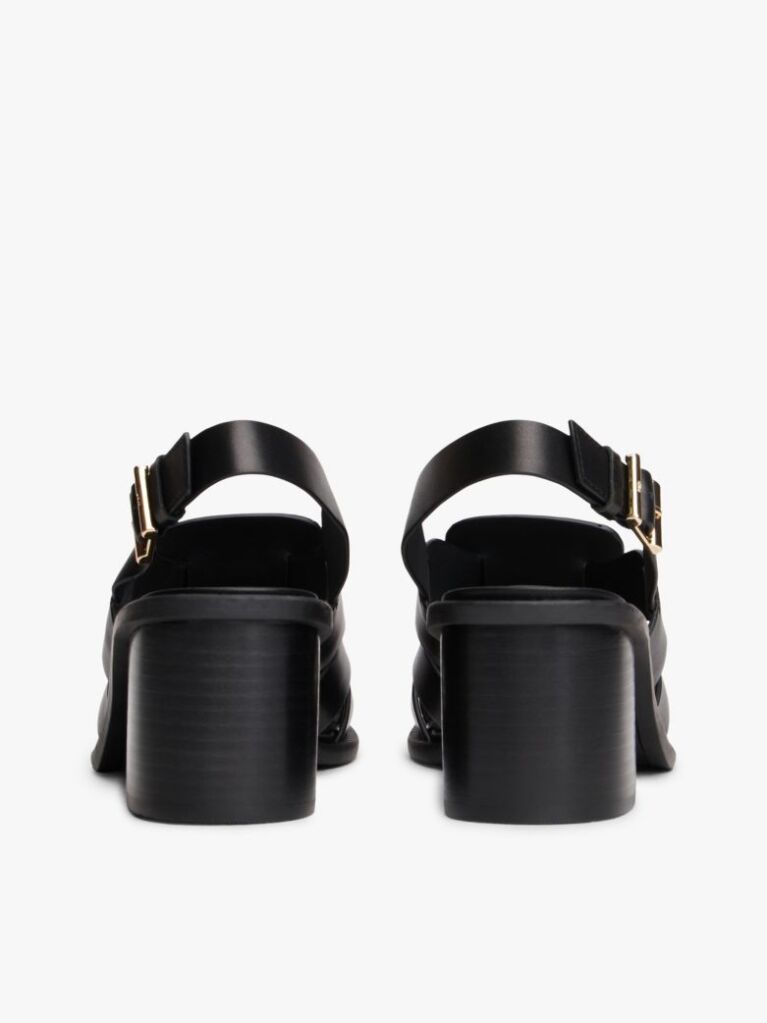Black Leather Crest Block Heel Sandals  Women