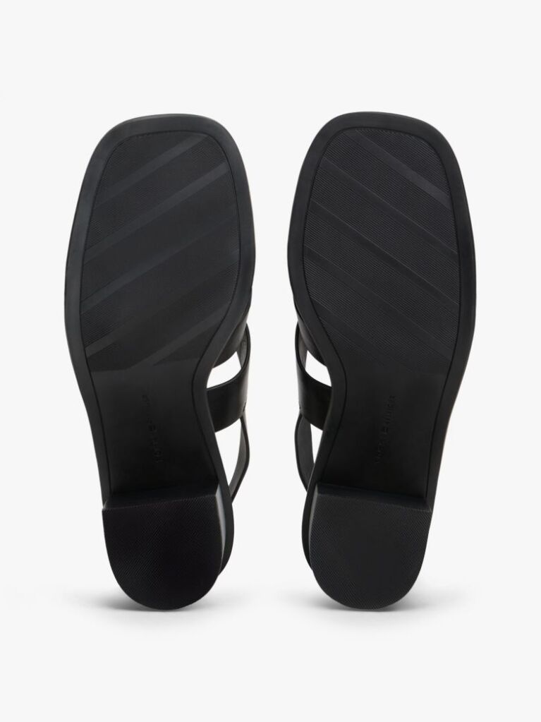 Black Leather Crest Block Heel Sandals  Women