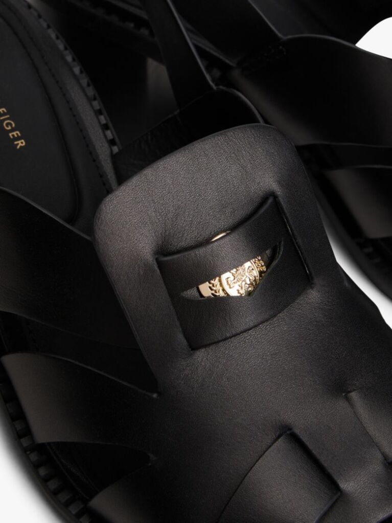 Black Leather Crest Block Heel Sandals  Women