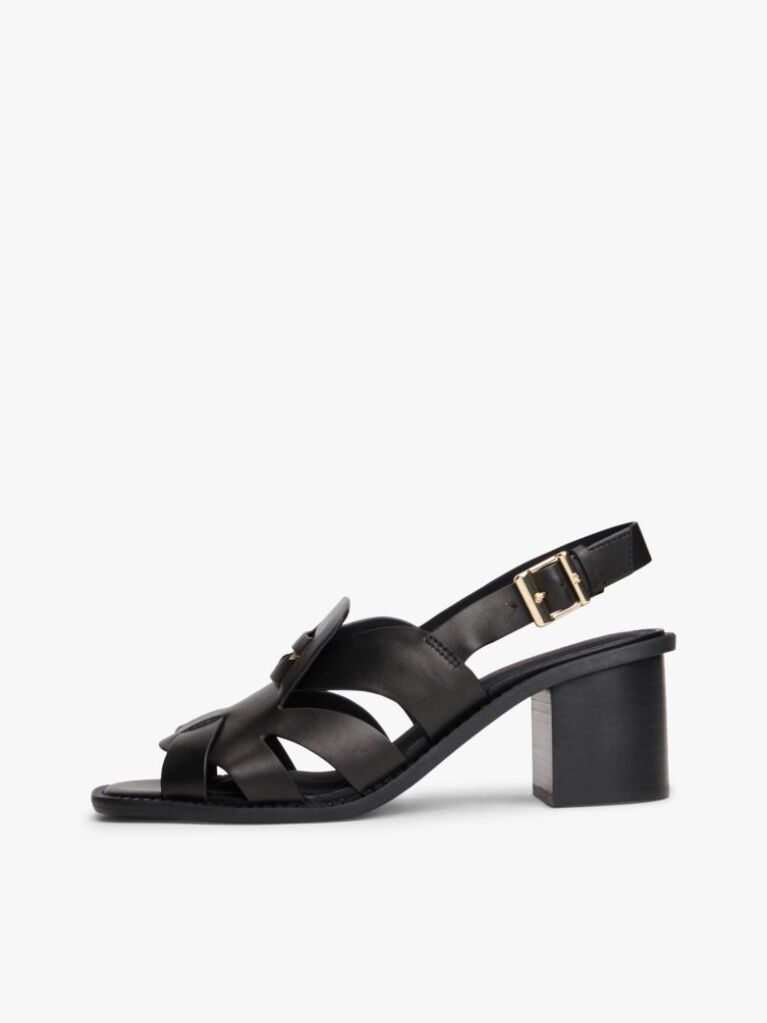Black Leather Crest Block Heel Sandals  Women