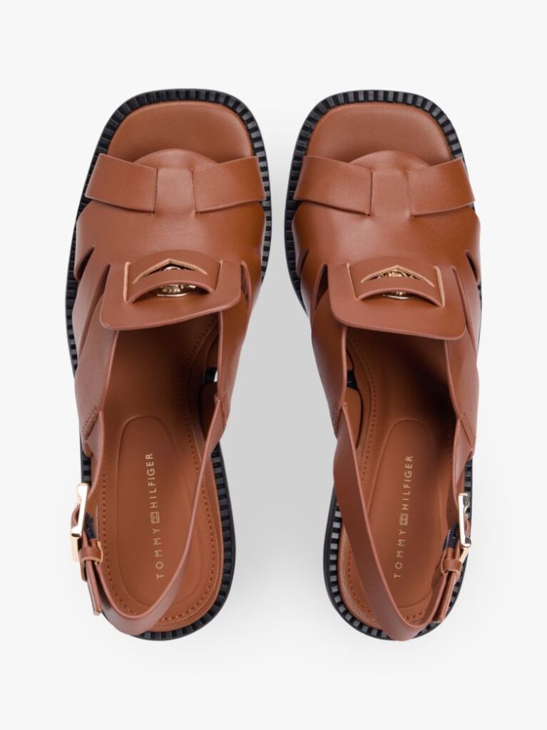 Brown Leather Crest Block Heel Sandals  Women
