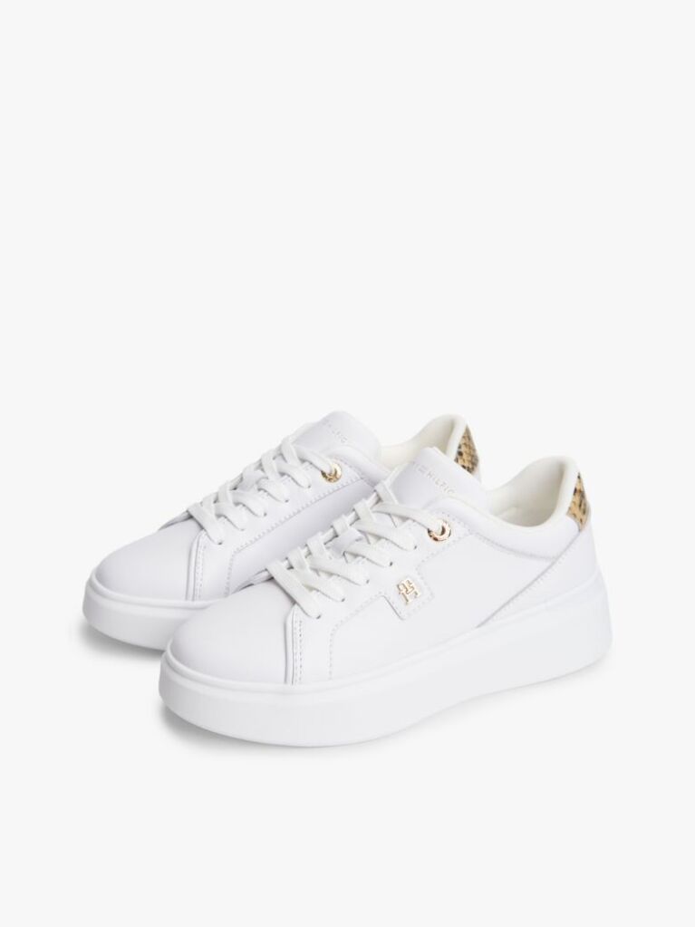 White Snake Print Heel Leather Platform Trainers  Women