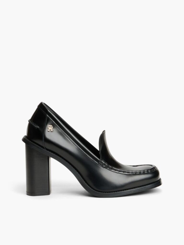 Black Block Heel Leather Loafers  Women
