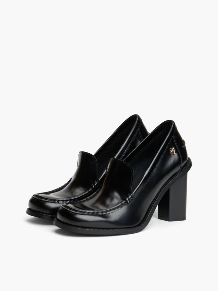 Black Block Heel Leather Loafers  Women