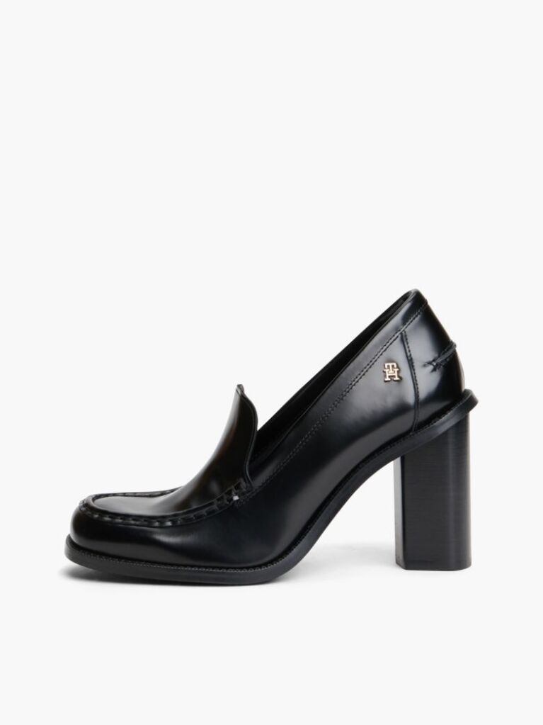 Black Block Heel Leather Loafers  Women