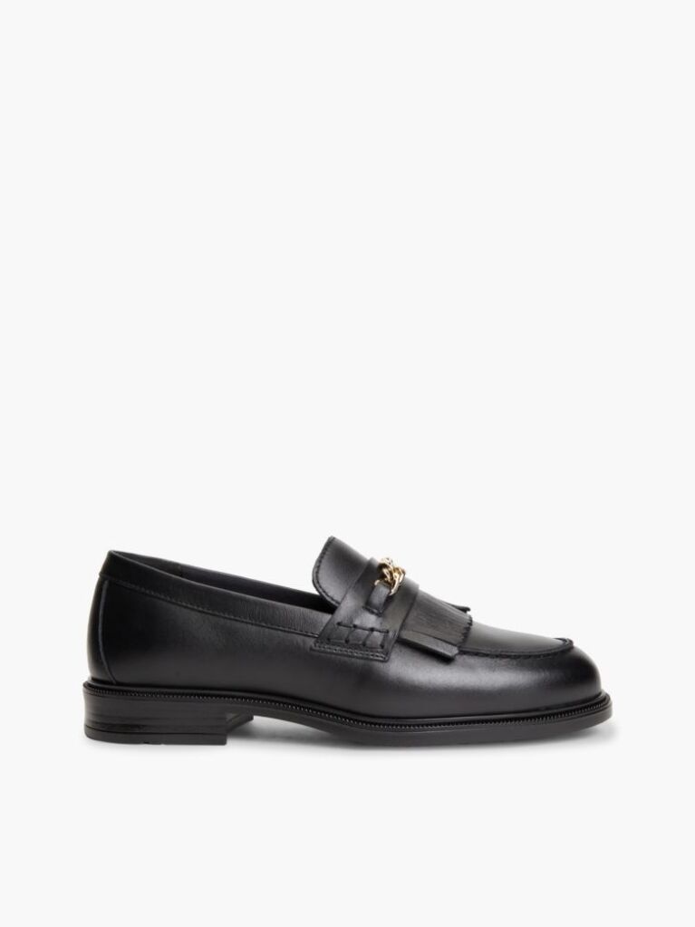 Black Leather Chain Horsebit Fringe Loafers  Women