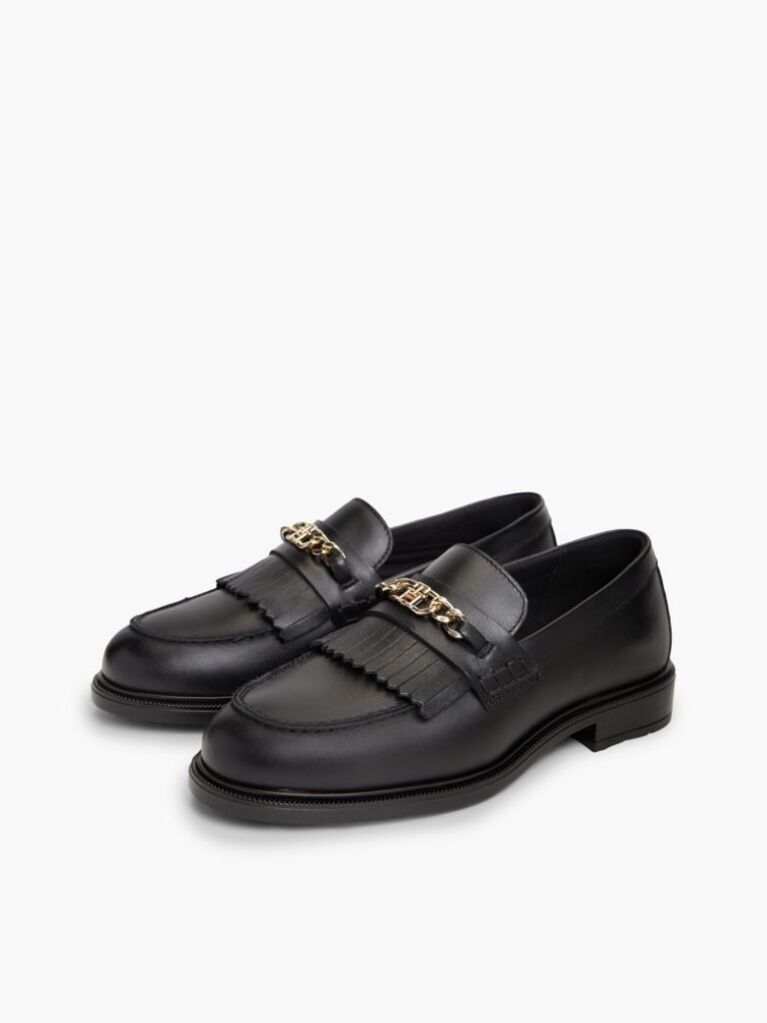 Black Leather Chain Horsebit Fringe Loafers  Women