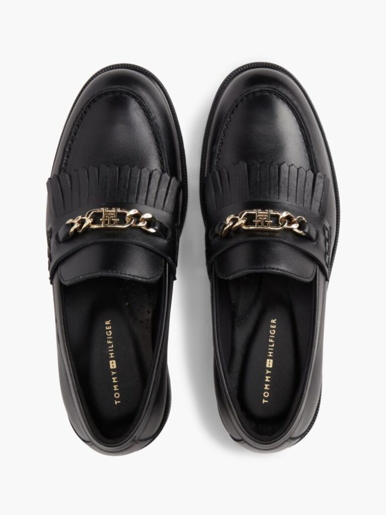 Black Leather Chain Horsebit Fringe Loafers  Women