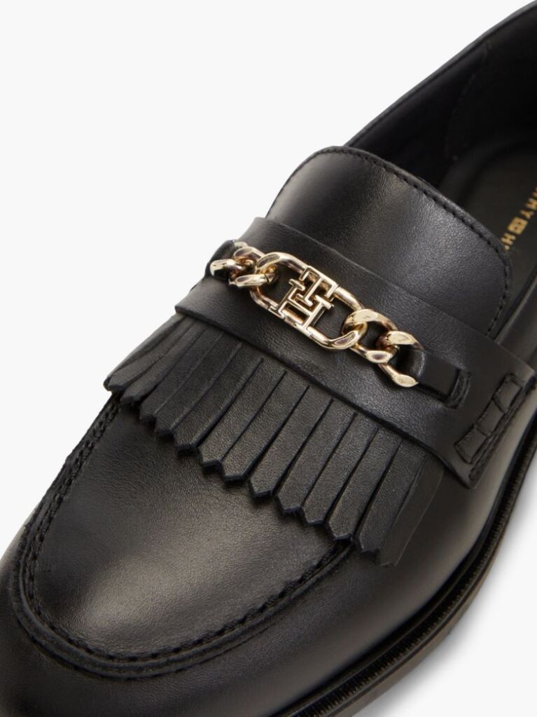 Black Leather Chain Horsebit Fringe Loafers  Women