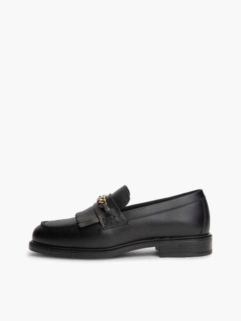 Black Leather Chain Horsebit Fringe Loafers  Women