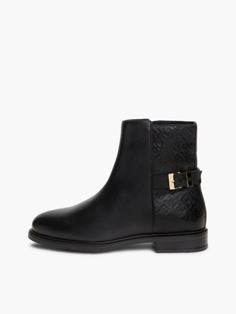 Black TH Monogram Embossed Leather Ankle Boots  Women