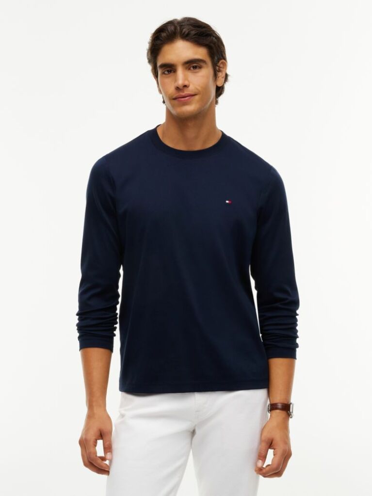 Μπλε Interlock Μακρυμάνικο T-Shirt Σε Slim Γραμμή  Άνδρες