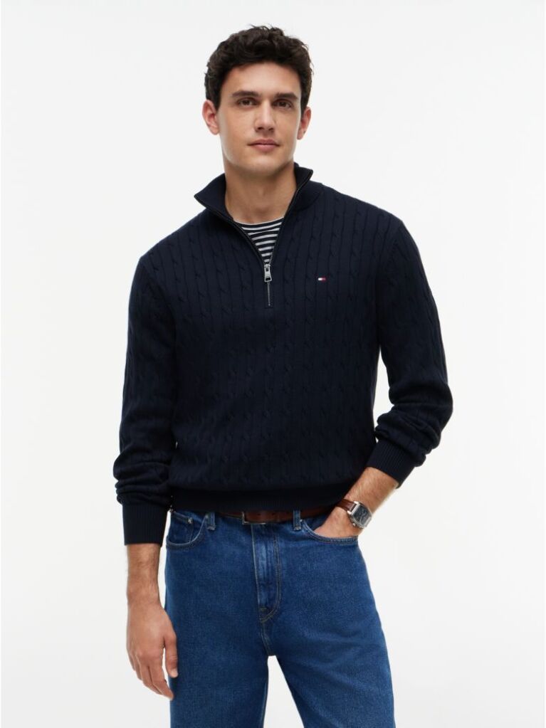 Blue Cable Knit Half-Zip Jumper  Men