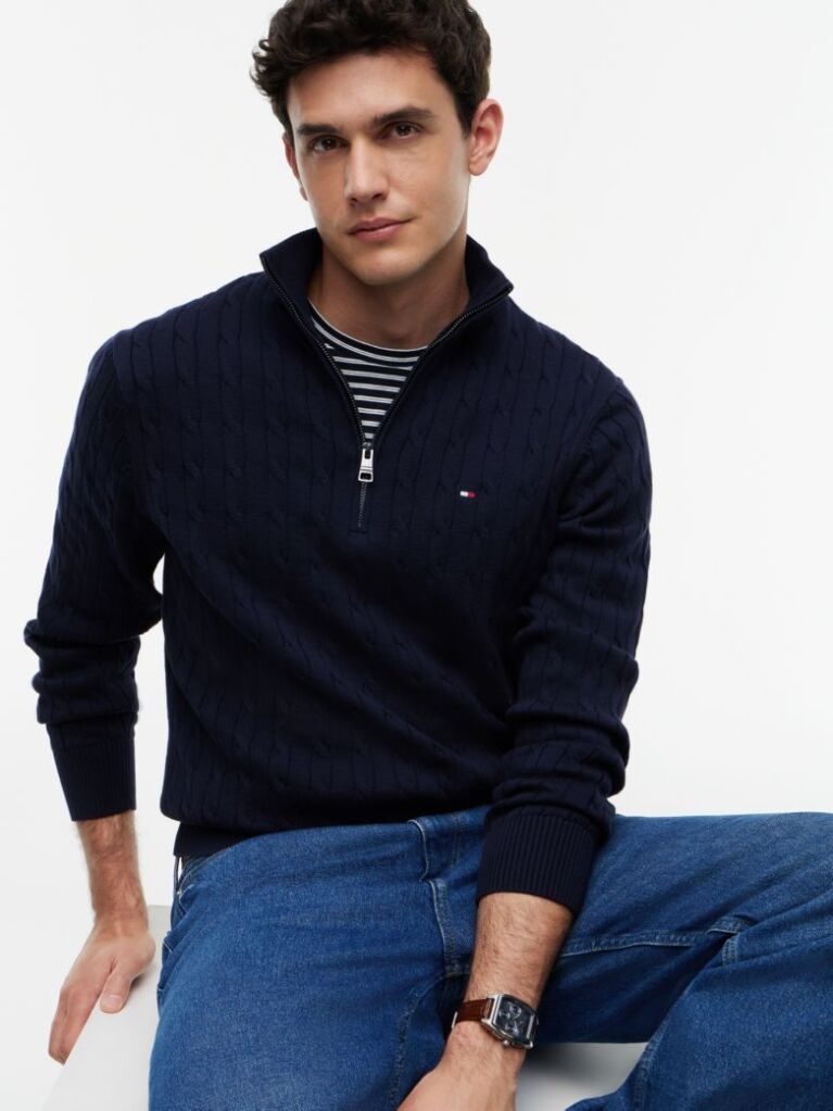 Blue Cable Knit Half-Zip Jumper  Men